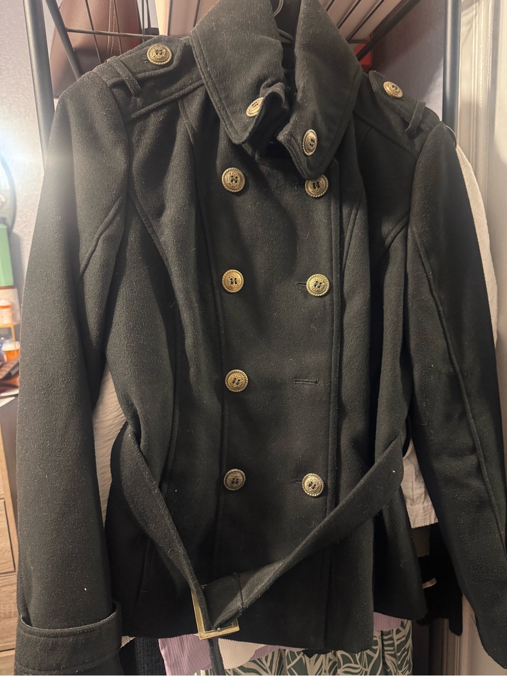 Wilsons Leather Black Double-Breasted Peacoat with Gold Buttons